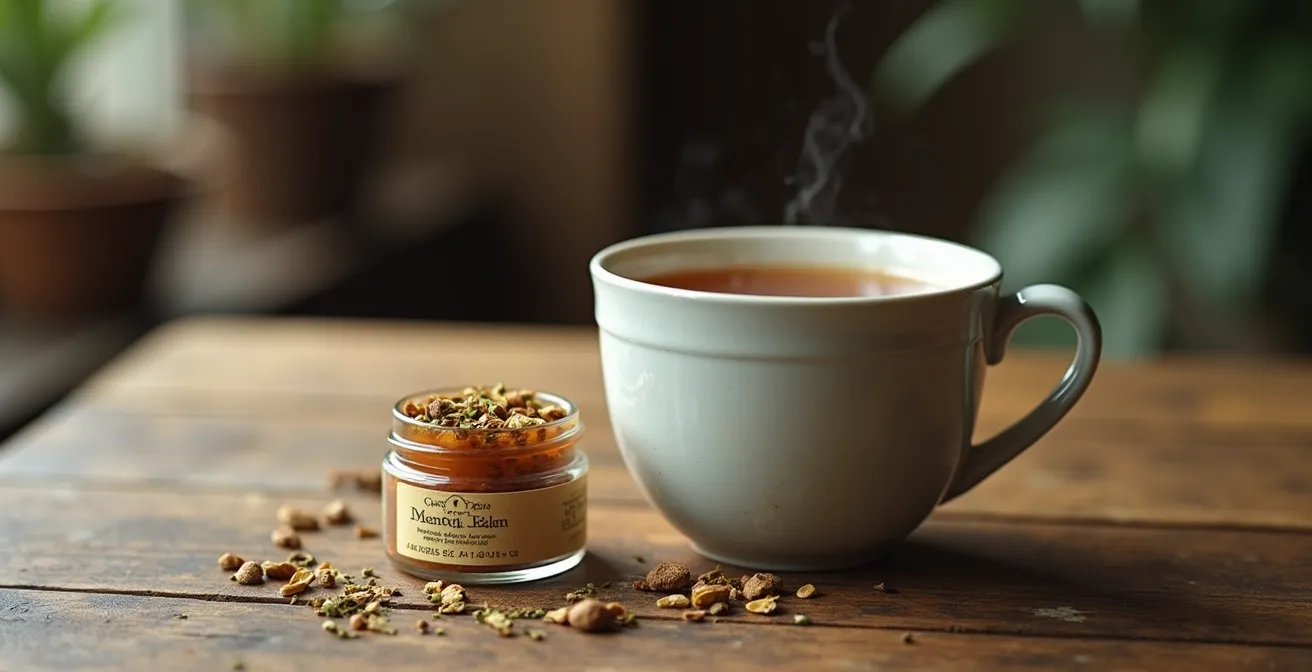 Still life photo showing a cup of herbal tea and a container of menthol balm on a wooden surface with soft studio lighting