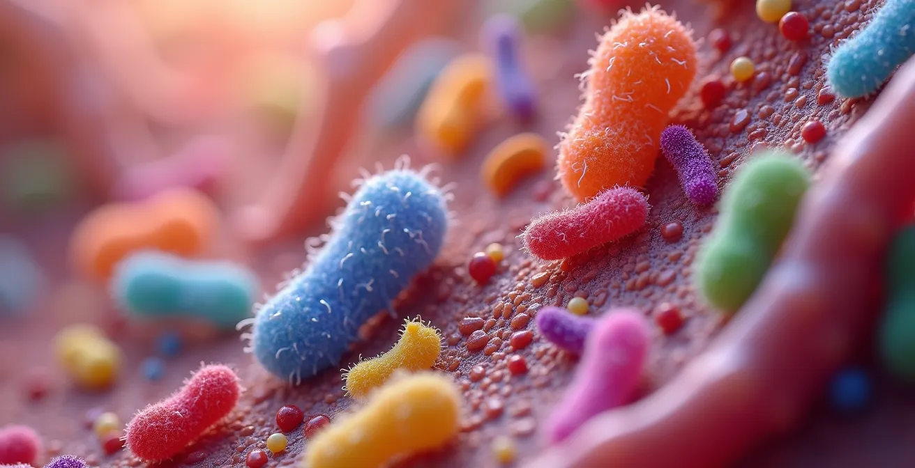 Conceptual artistic macro shot of diverse microbiome organisms and gut textures with vibrant colors