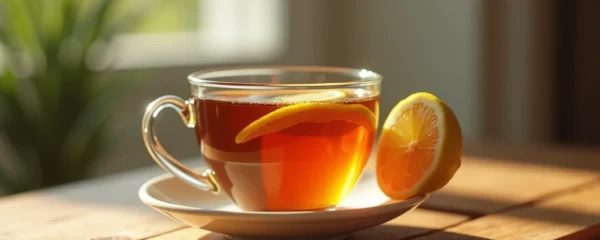 Photorealistic close-up of a warm cup of herbal tea with honey and lemon on a wooden table with soft natural lighting and blurred background, evoking comfort and natural healing