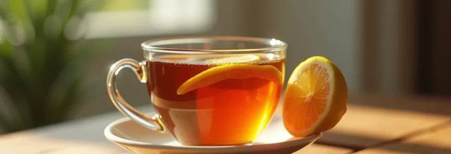 Photorealistic close-up of a warm cup of herbal tea with honey and lemon on a wooden table with soft natural lighting and blurred background, evoking comfort and natural healing