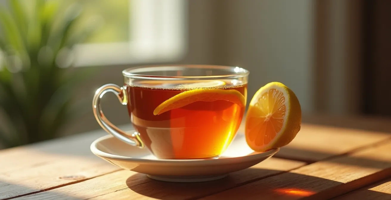 Photorealistic close-up of a warm cup of herbal tea with honey and lemon on a wooden table with soft natural lighting and blurred background, evoking comfort and natural healing