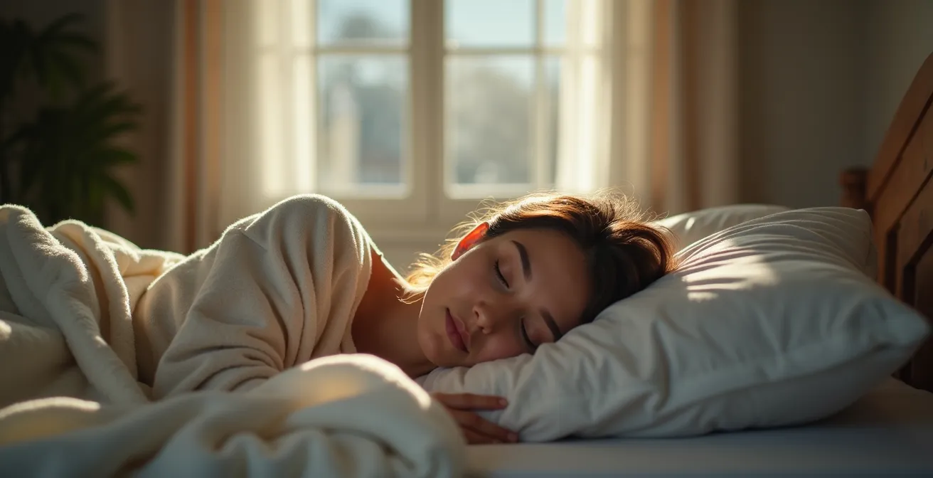 Calming scene of a person peacefully sleeping in natural light with soft bedding and tranquil surroundings