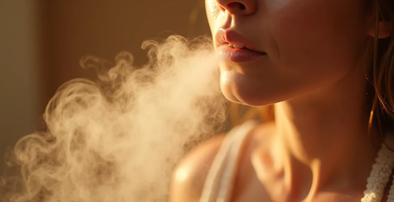 Close-up of a person inhaling steam in a bathroom with soft lighting and visible water vapor around the face