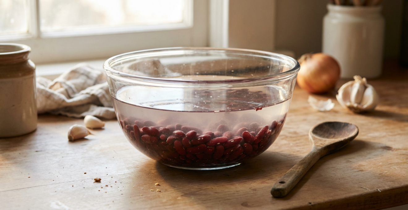 Dried kidney beans soaking in water inside glass bowl, demonstrating lectin reduction preparation method