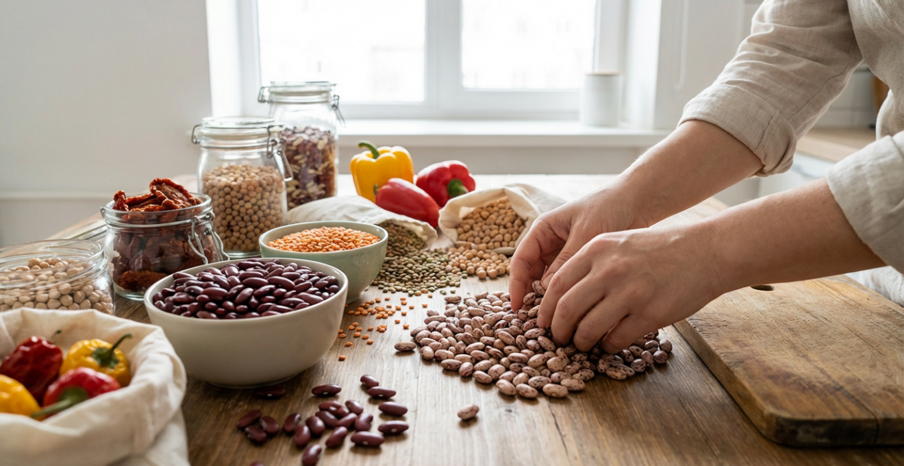 Colorful dried beans, lentils, and vegetables arranged on rustic kitchen counter for cooking preparation