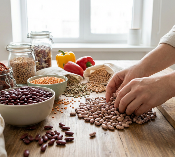 Colorful dried beans, lentils, and vegetables arranged on rustic kitchen counter for cooking preparation