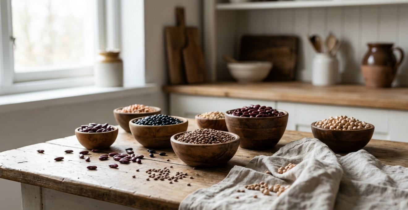 Various dried legumes including kidney beans and lentils displayed in wooden bowls showing lectin-containing foods