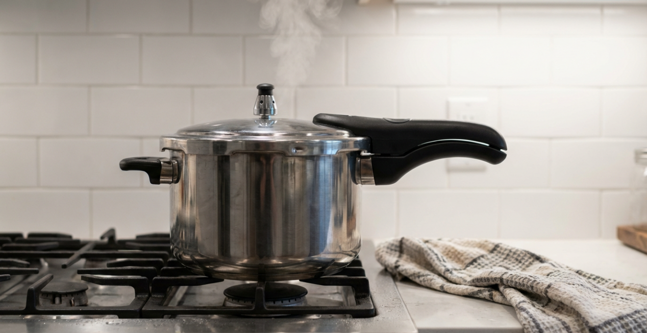 Modern pressure cooker on stovetop releasing gentle steam during lectin-reducing cooking process