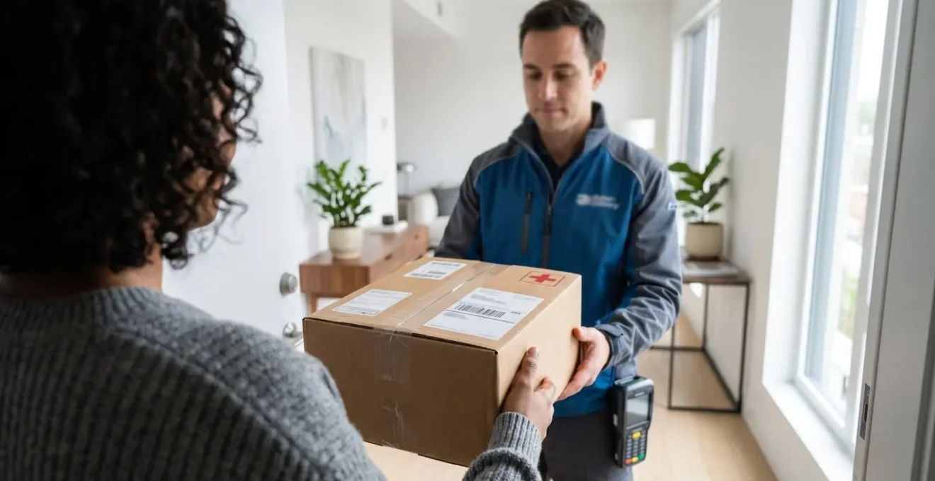 A delivery courier handing a sealed pharmaceutical package to a recipient at a bright contemporary doorway, viewed from over the shoulder showing visible regulatory markings on the box