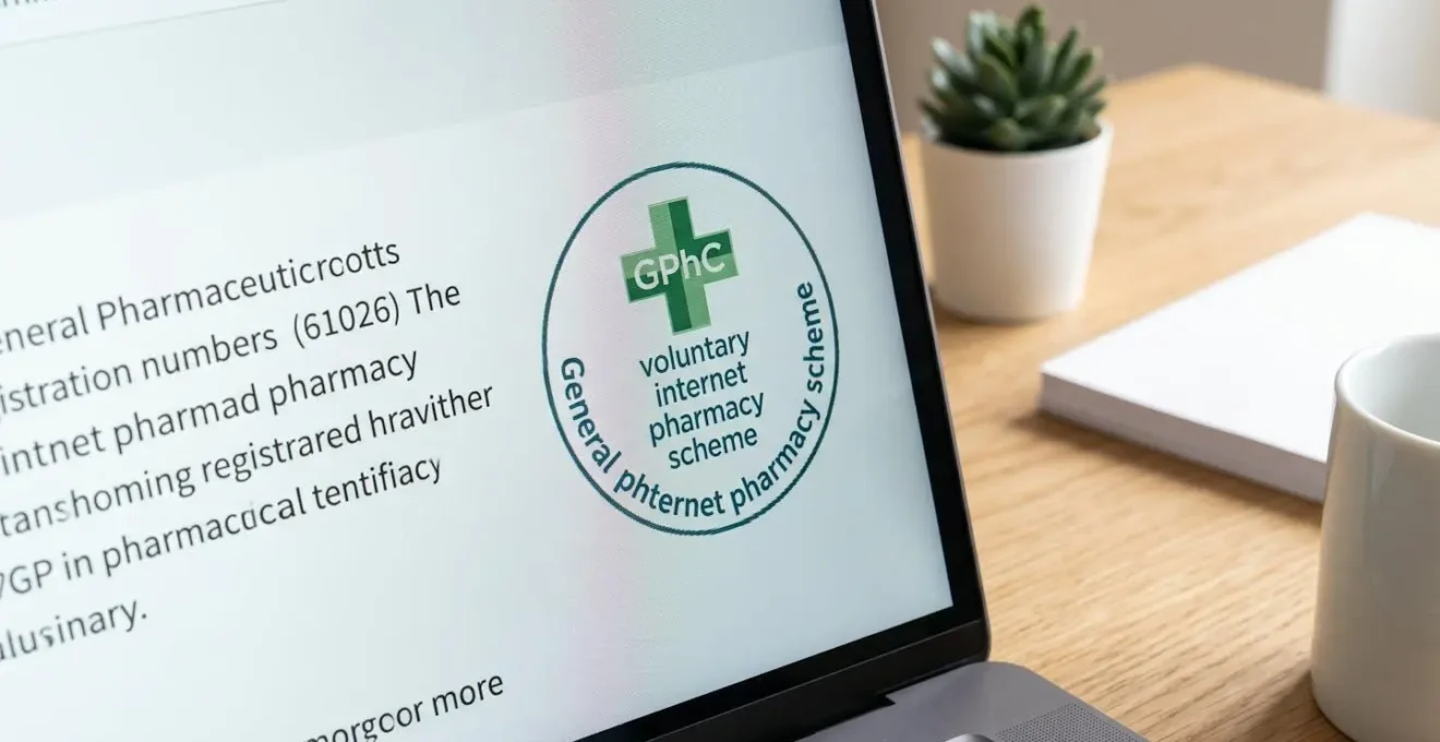 Extreme close-up of the official GPhC Internet Pharmacy Logo certification mark displayed on a modern laptop screen, sharp focus with blurred contemporary desk surface in background