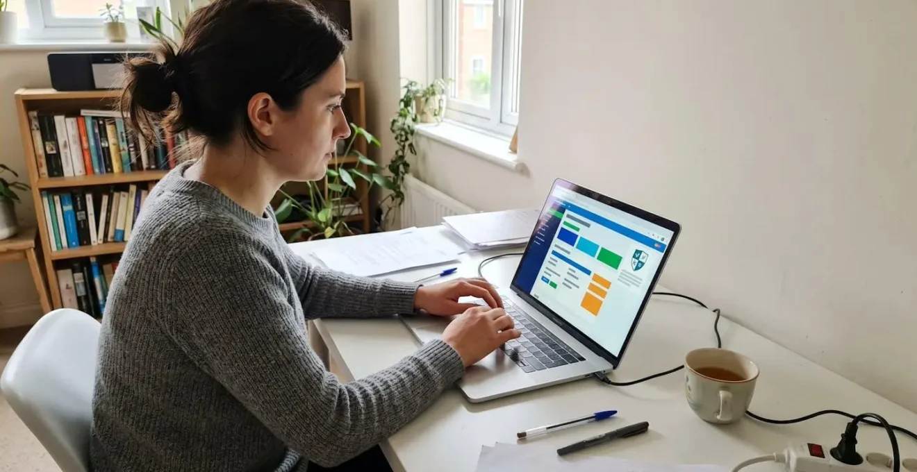 Person at a modern desk using a laptop to verify a pharmacy on the GPhC online register, photographed from the side showing the screen with registry search interface visible but blurred