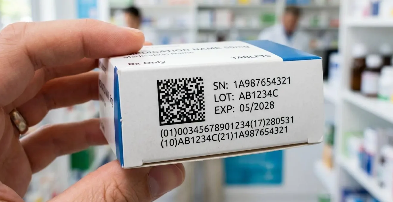 Extreme close-up of a 2D barcode serialisation code on pharmaceutical packaging, with a hand holding the medicine box showing the unique identifier clearly visible against a blurred modern background